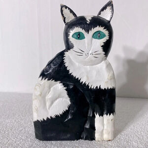 James Haddon Hand  Carved Wood Folk Art Cat Statue Kitty